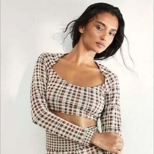 Free People Tough Love plaid gingham long sleeve crop top square neckline sz med